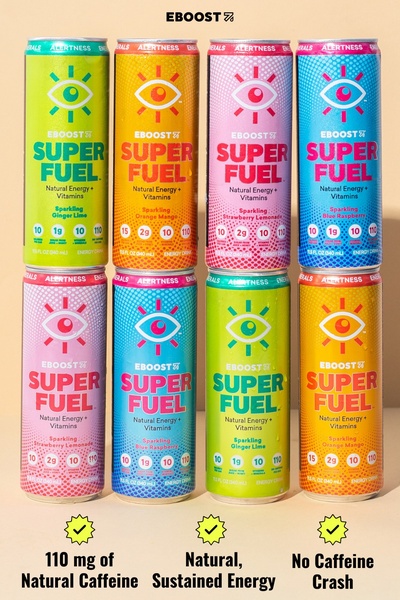 A vibrant 2:3 ratio grid display of EBOOST Super Fuel cans showcasing core product benefits via clear iconography and benefit bullets.